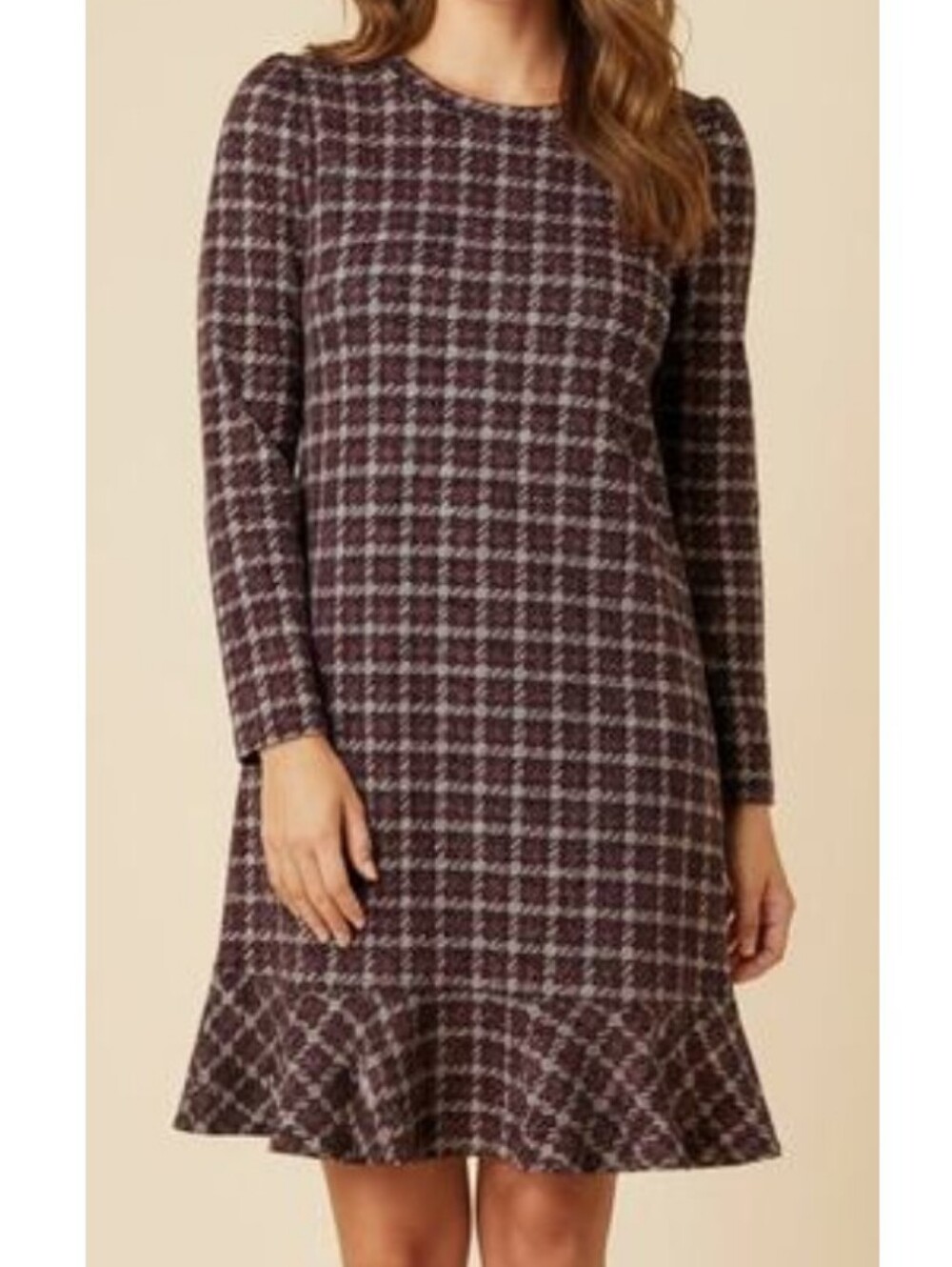 Anne Klein Women XL Red/ Gold Houndstooth Flare Hem Puff Sleeve Fall Dress